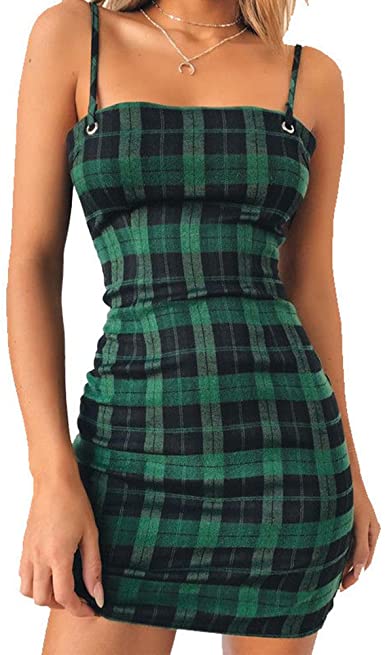 Amazon.com: Women Sleeveless Green Plaid Bow Tie Back Sexy .