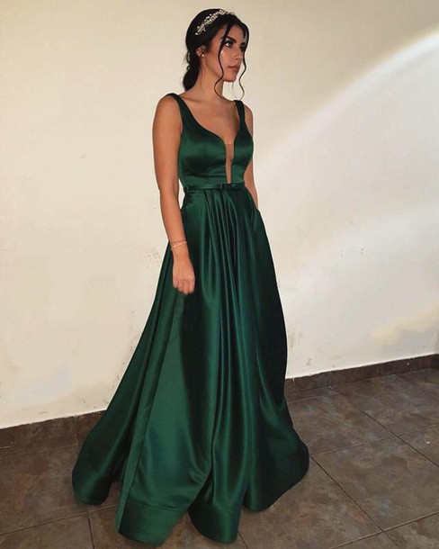 Dark Green V Neck Floor Length Prom Dress, Green Formal Dress .