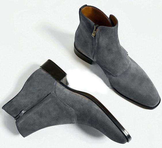 Handmade Men Grey Color Suede Ankle Boots, Men Side Zipper Boots .