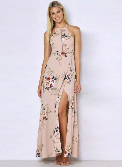 Sleeveless Polyester Halter Neck Floral Print Maxi Day Going Out .