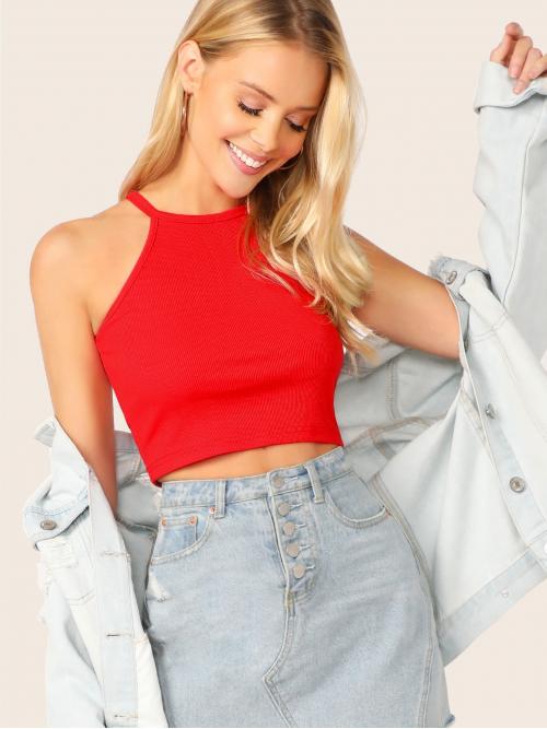Casual Halter Plain Slim Fit Halter Top Red and Bright Crop Length .