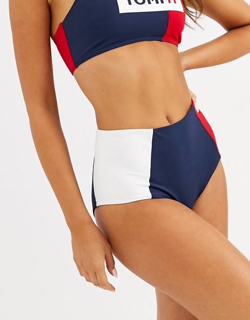 Tommy Hilfiger high waist bikini bottom in navy and red | AS