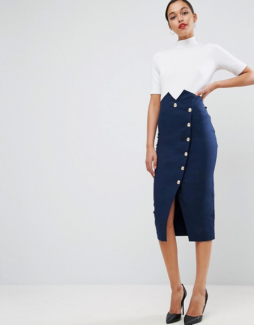 ASOS Tailored High Waist Pencil Skirt with Military Button Detail .