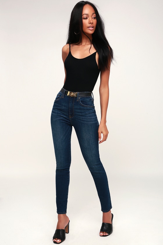 Chic Dark Wash Skinny Jeans - High-Waisted Skinny Jeans - Jea