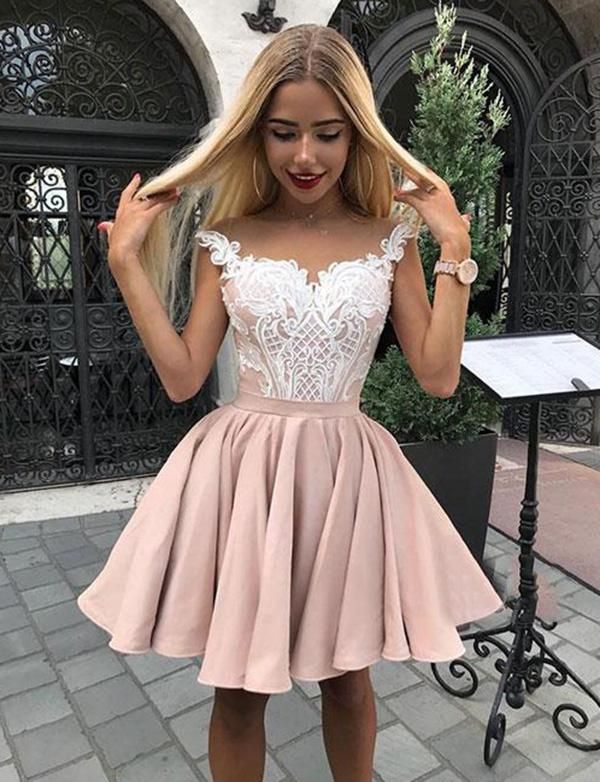 A Line Straps Short Pink Homecoming Dress with Appliques Mini .