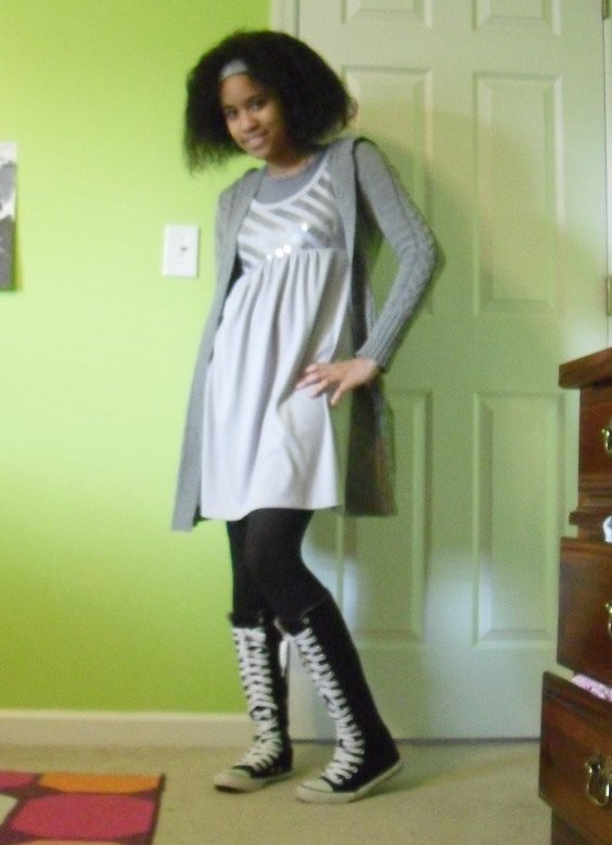 gray dress with knee high converse chucks at tyler handmad… | Flic