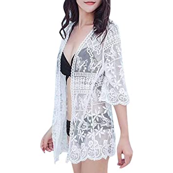 Amazon.com: Women's Long Sheer Floral Lace Cardigan Tied Rope Long .
