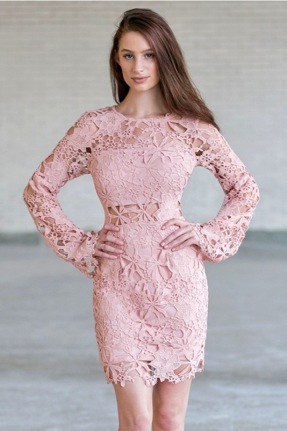Pink Longsleeve lace Dress, Cute Pink Dress Lily Boutiq