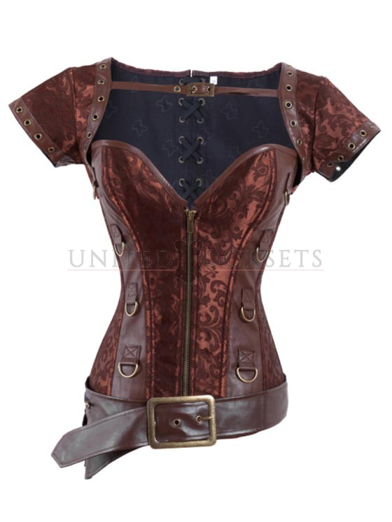 Brown Brocade and Faux Leather Corset with Zipper Belt and Jack