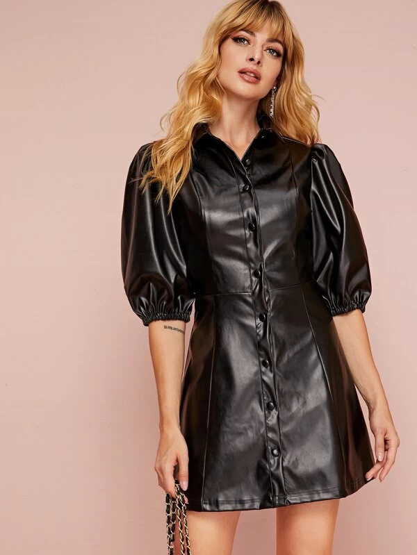 Bishop Sleeve Single Breasted Faux Leather Dress | SHEIN U