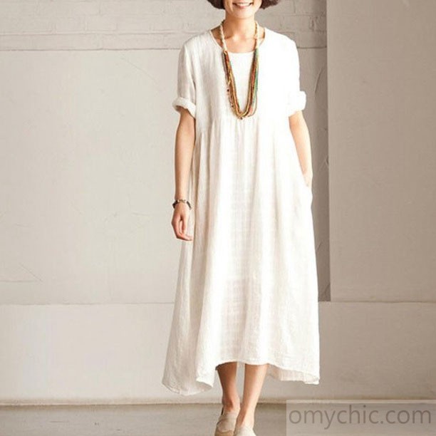 Fine white Short sleeve linen dress summer long dress - Summer Dress