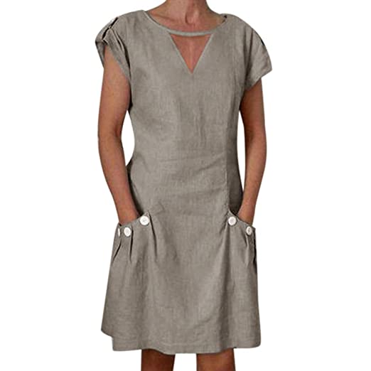 Womens Vintage Linen Dresses Solid Casual Loose Short Sleeve V .