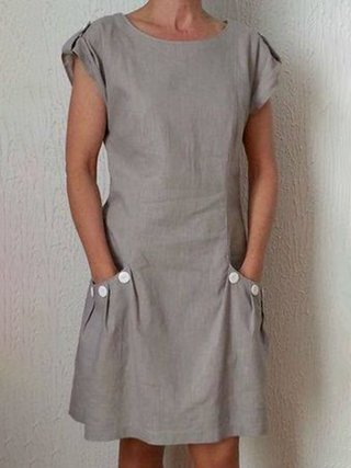 Summer Linen Pockets Buttoned Shift Holiday Casual Dresses .