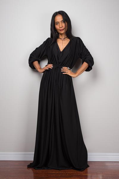 Black dress, long black dress, maxi dress with long sleeves, black .