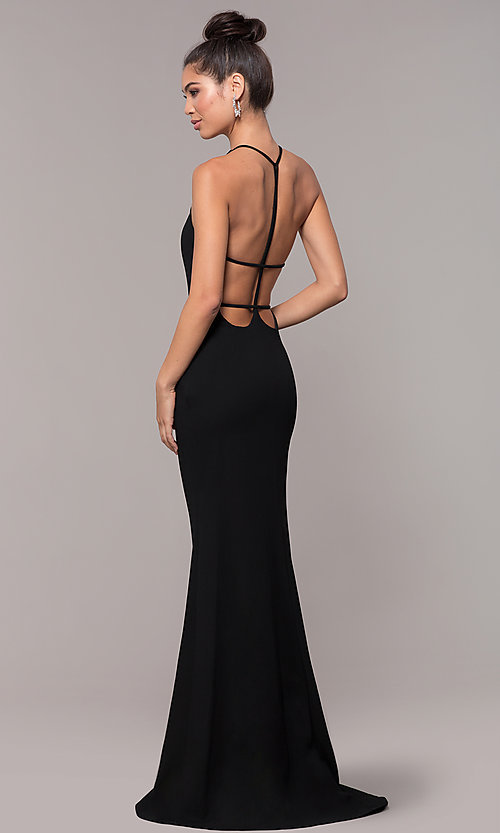Long Black Backless Prom Dress with Illusion Neckli