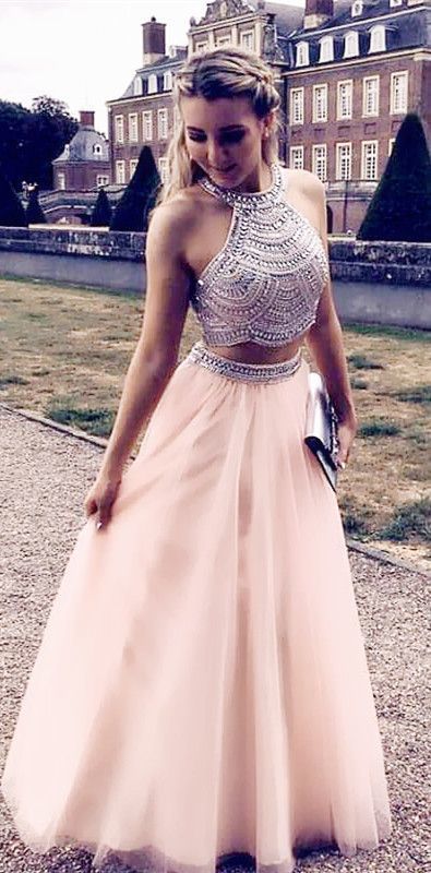 Two Piece Prom Dresses Pink Long Formal Dresses by prom dress