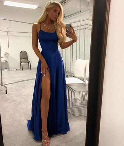 Simple Blue Satin Long Prom Dresses With Slit, Blue Formal Dresses .