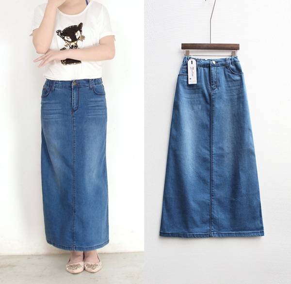 Women Long Denim Skirt Casual Plus Size Maxi Skirts Blue Color .