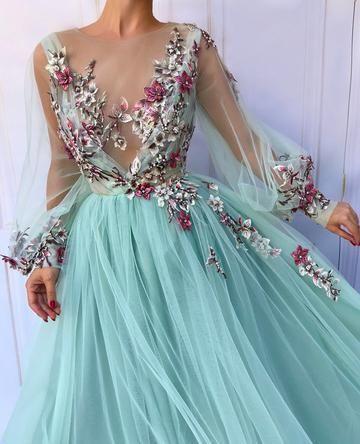Flower Long Sleeve Prom Dress Cheap Lace Long Prom Dress #ER2