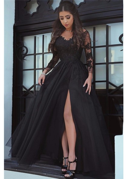 2020 Cheap Princess/A-Line Black Long Sleeves Tulle Prom Dress