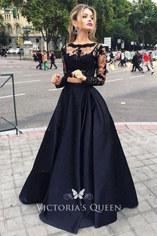 Two-piece Black Illusion Long Sleeve Pretty Prom Dress -