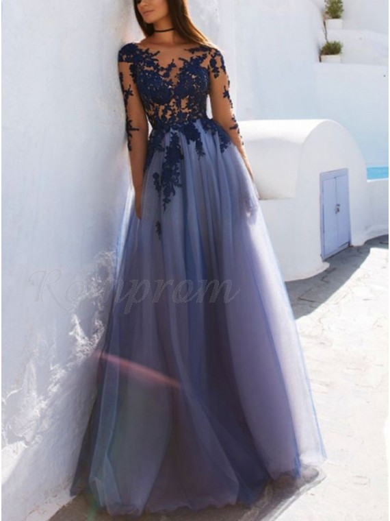A-Line Long Sleeves Open Back Blue Prom Dress with Appliques .