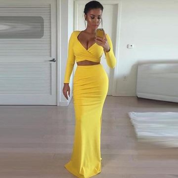 $163.99 Sexy Yellow Sheath V-Neck Long Sleeves Prom Dresses 2019 .