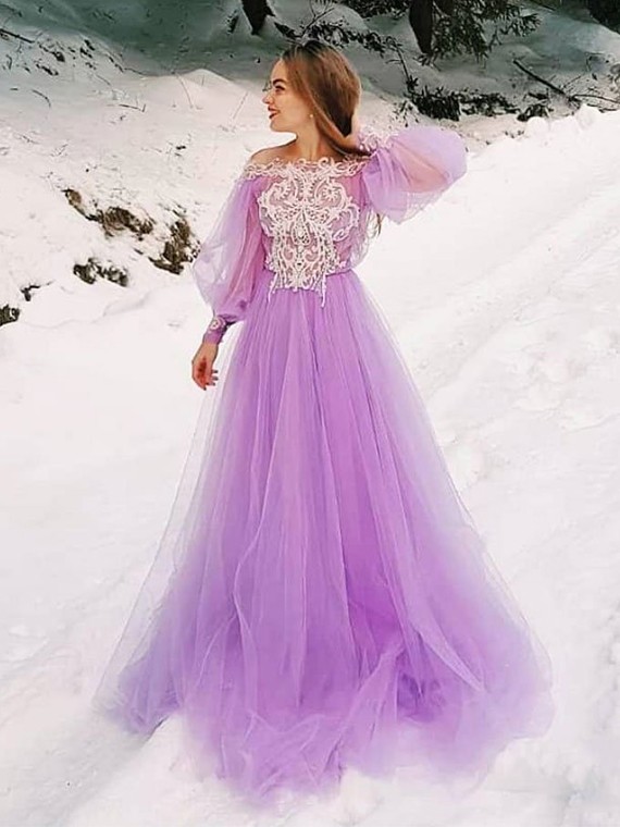 Buy Gorgeous A Line Purple Long Prom Dresses with Appliques Long .