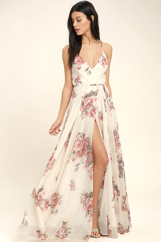 Lovely Cream Floral Print Dress - Wrap Dress - Maxi Dre