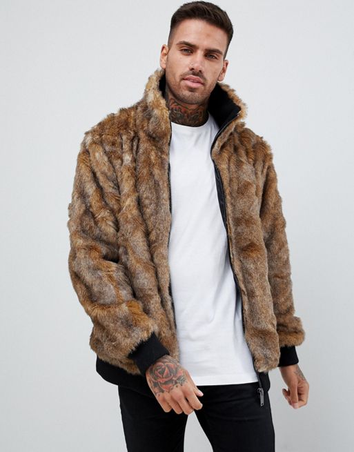 River Island faux fur coat in with zip front brown Men Coats .