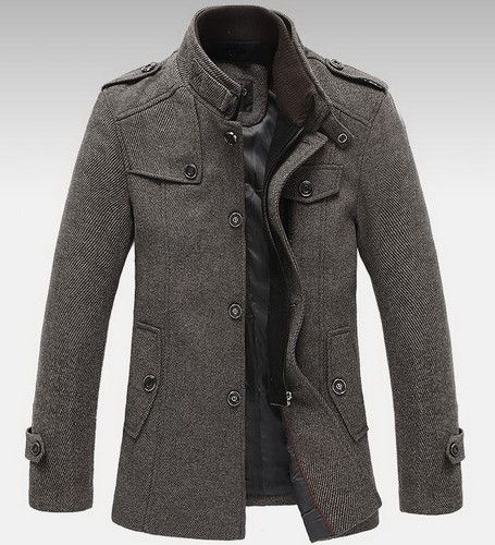 Mens Standing Collar Coats Wool Jackets Warm Fleece Outerwear Gray .