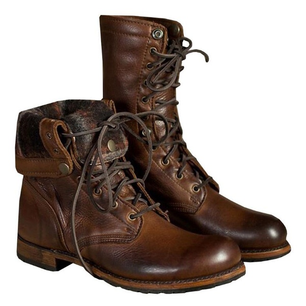 Men's Fold-over Leather Jump Boots Vintage Lace Up Mid Calf Boot .