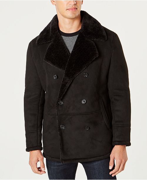Kenneth Cole Men's Faux Sherpa Collar Double-Breasted Pea Coat .
