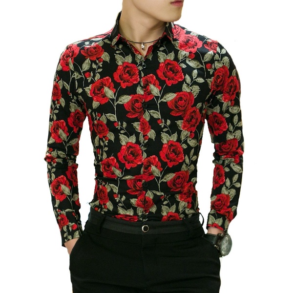 Spring Floral Print Shirt for Men New Fashion Long Sleeve Flower .