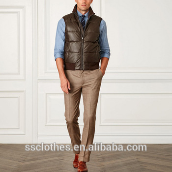 High Quality Custom Brown Quilted Fashion Mens Leather Down Vests .