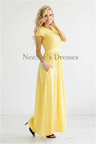 Yellow Lace Maxi Modest Dress Bridesmaids Dress, Church Dresses .