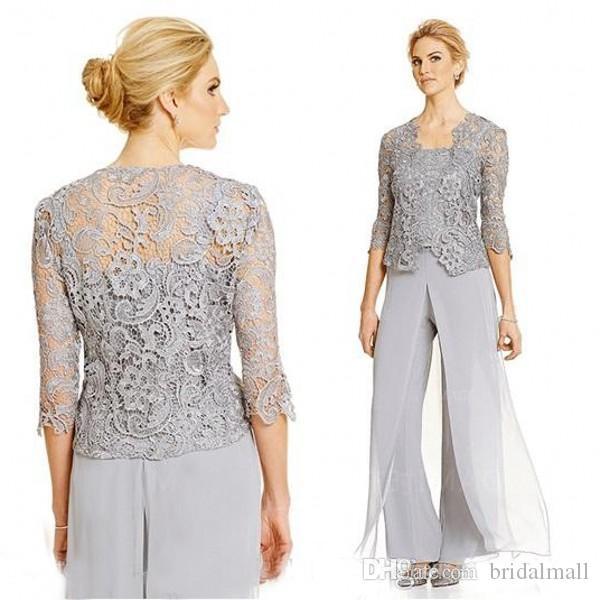Silver Grey Chiffon Lady Mother Pants Suits Mother Of The Bride .