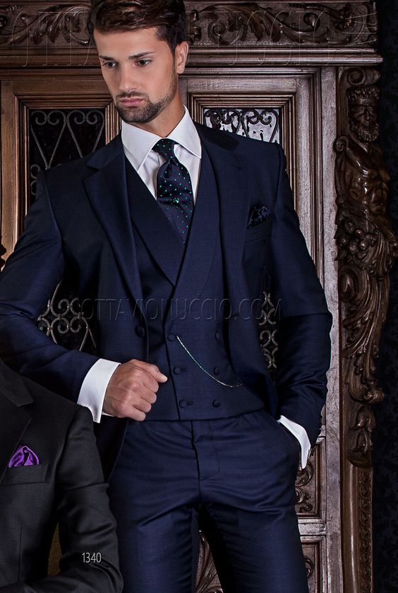 2018 Tailored navy Blue Suit Men Tailcoat Slim Fit 3 Piece Tuxedo .