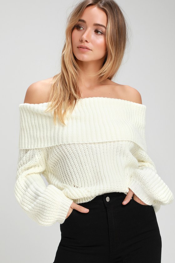 Cute Ivory Sweater - Off-the-Shoulder Sweater - Knit Sweat
