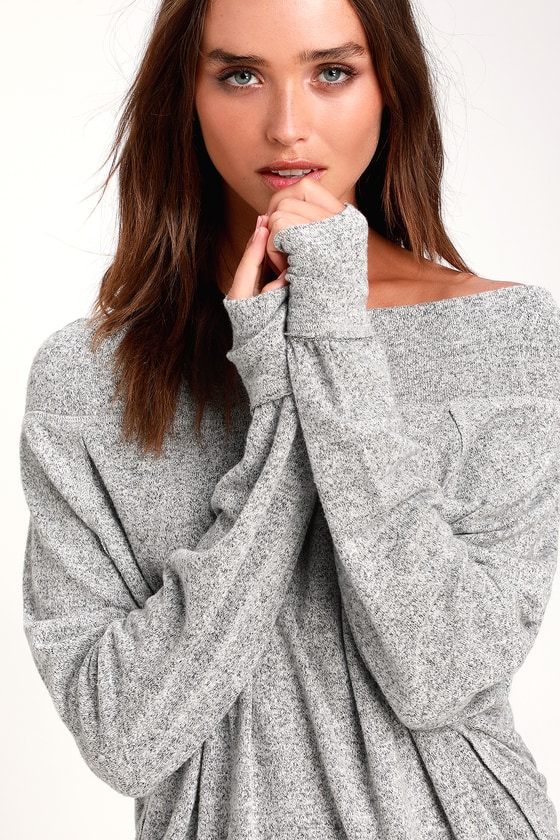 Chic Heather Grey Off-the-Shoulder Top - Grey OTS Sweater T