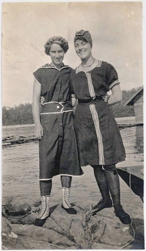 Old Photo 2 Women wearing Swimsuits at Lake Early by girlcatdesign .