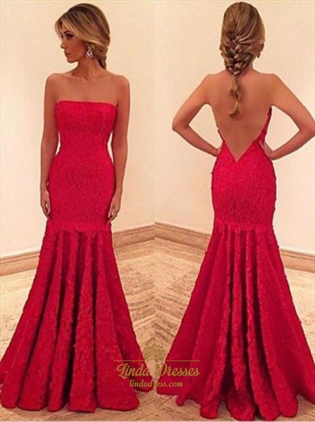 Strapless Ruffled Mermaid Red Lace Long Evening Dress With Open .