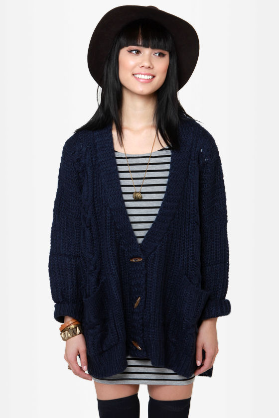 Cute Oversized Sweater - Navy Blue Sweater - Cardigan Sweater - $58.