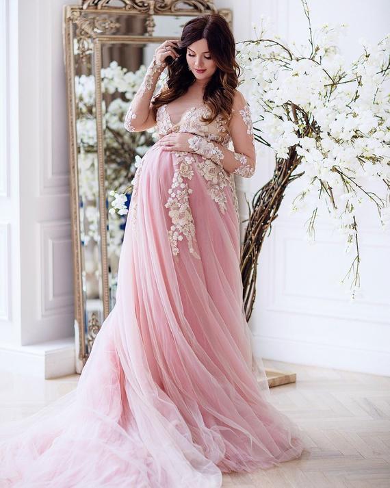 Pink maternity dress photo lace maternity gown tulle dress | Et