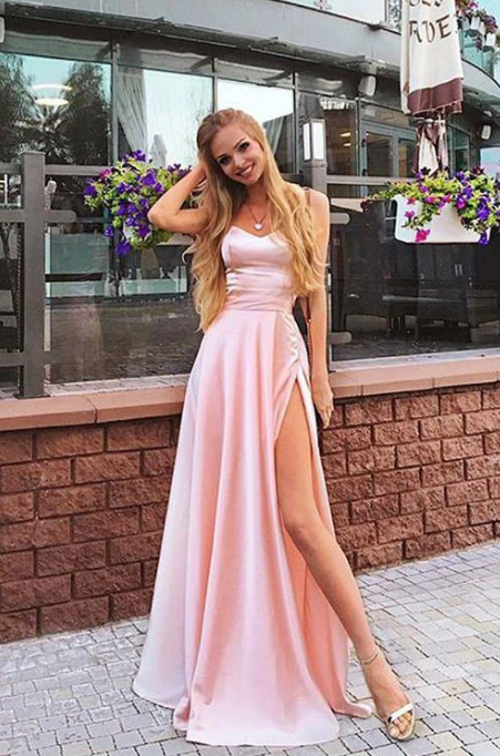 Sweetheart A Line Spaghetti Straps Long Pink Prom Dresses .