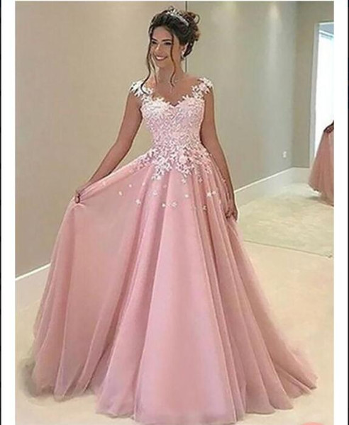 Blush Pink Prom Dresses V Neck Appliques Sleeveless A Line Formal .