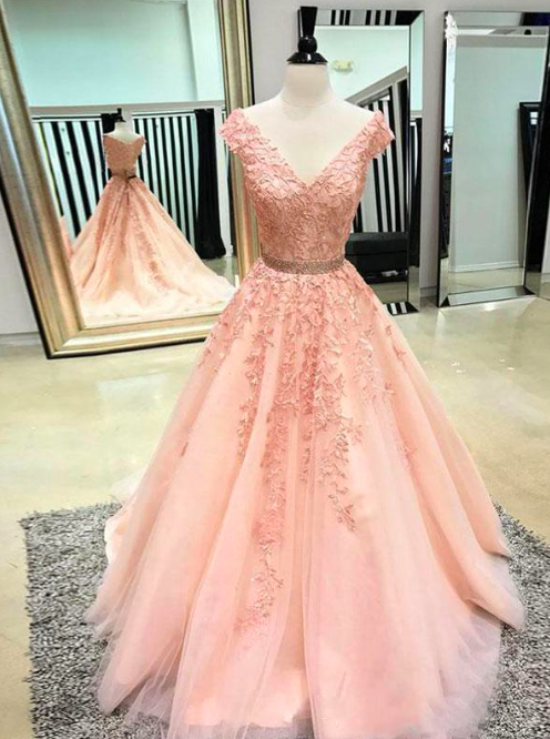 Cap Sleeve V Neck Pink Prom Dresses 2020 Beaded Lace Applique .