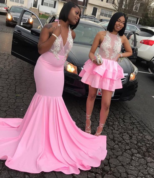 A/B Two Style Pink Prom Dresses 2019 New Mermaid Beading Lace Open .