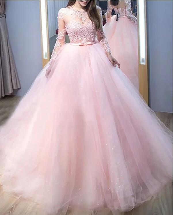Ball Gown Long Sleeves Train Lace Tulle Dresses pink wedding .