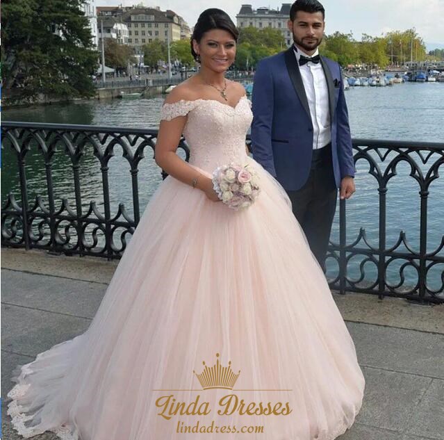 Blush Pink Off-The-Shoulder Lace Bodice Tulle Ball Gown Wedding .